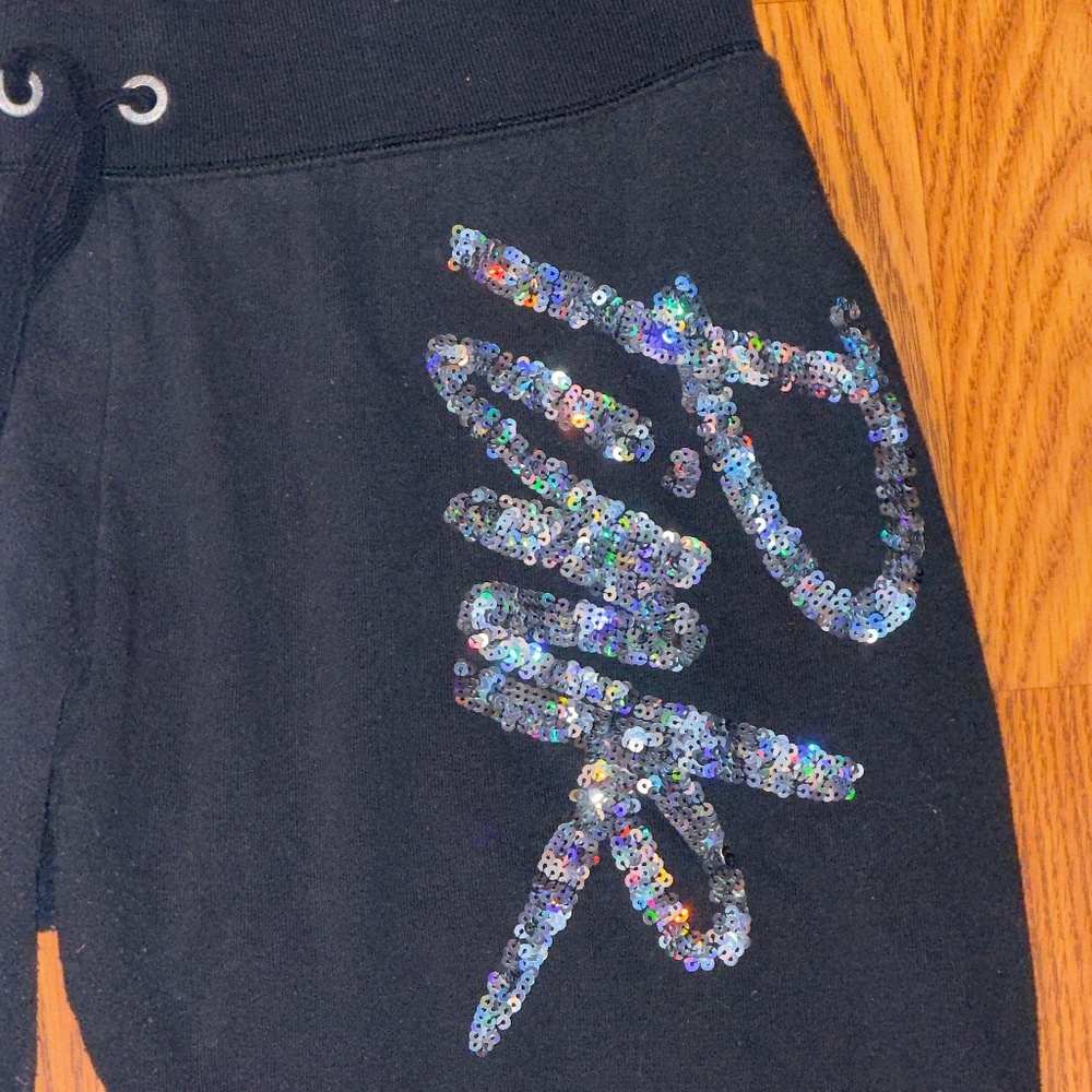 PINK Victoria’s Secret Medium Black Joggers Sequin Logo Sweatpants Athleisure - Picture 4 of 10